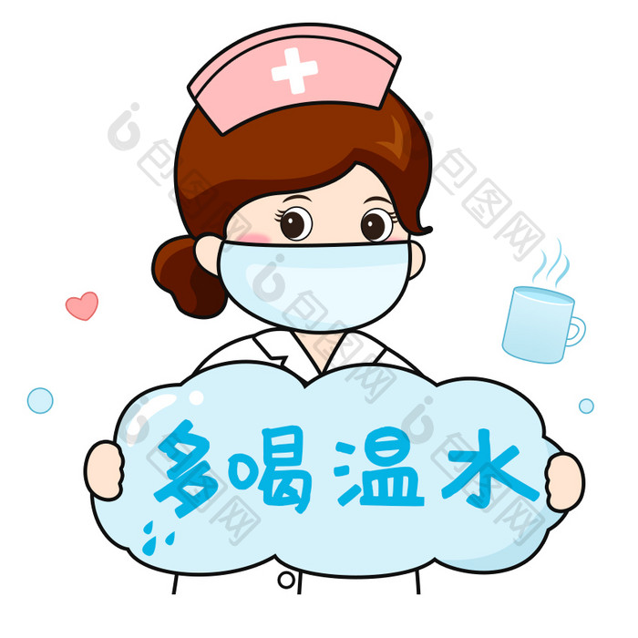 蓝色扁平卡通女护士多喝温水GIF图