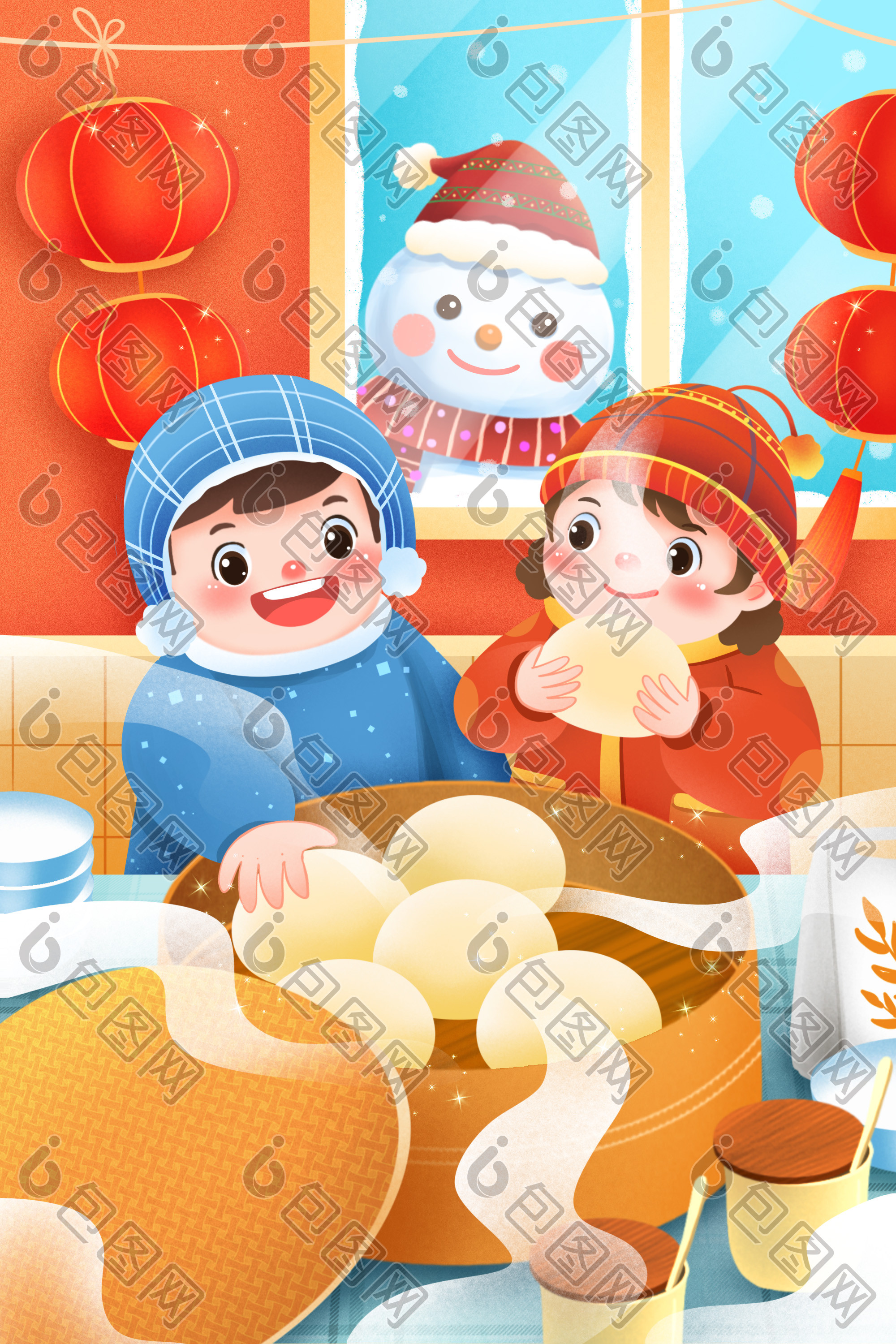 喜庆新年年俗蒸馒头吃馒头的小孩插画