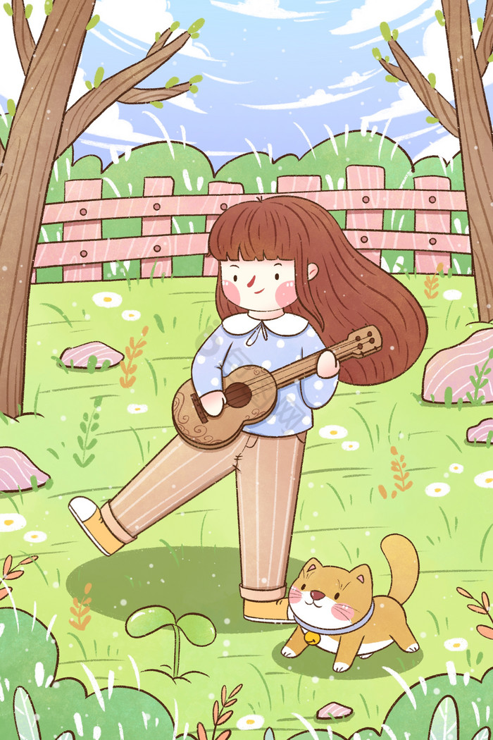 二十四节气立春女孩弹吉他插画图片