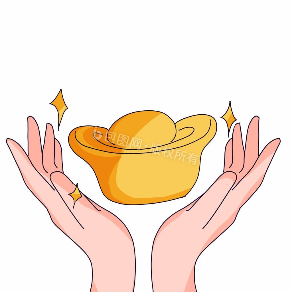 表情包gif春节抱着金鱼和金元宝的福娃猪年红包元宝春节元宵财源滚滚