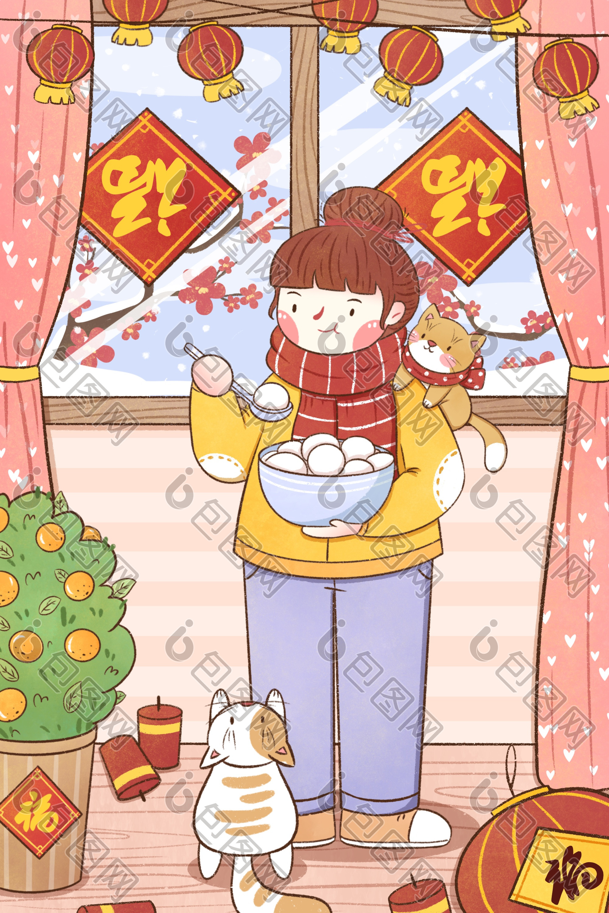 元宵节女孩吃汤圆插画