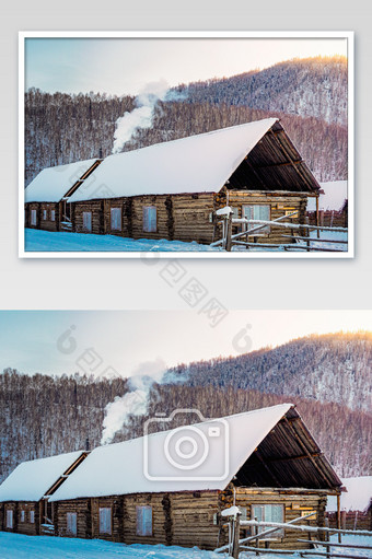 新疆禾木村冬季雪景炊烟木屋图片