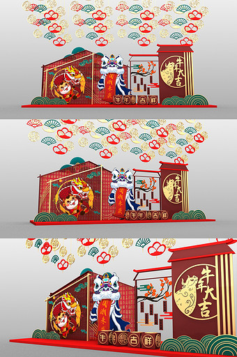 红色牛年春节橱窗装饰美陈2021新年橱窗图片