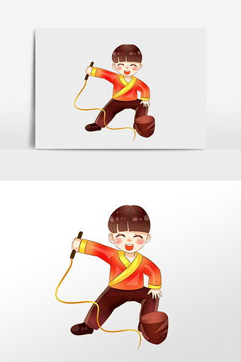 卡通手绘男孩打陀螺