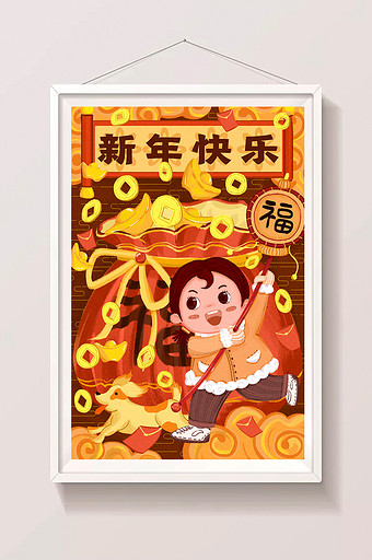 红色喜庆福气女孩新年福袋插画图片