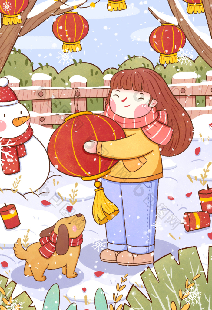 2021新年牛年女孩拿着灯笼插画