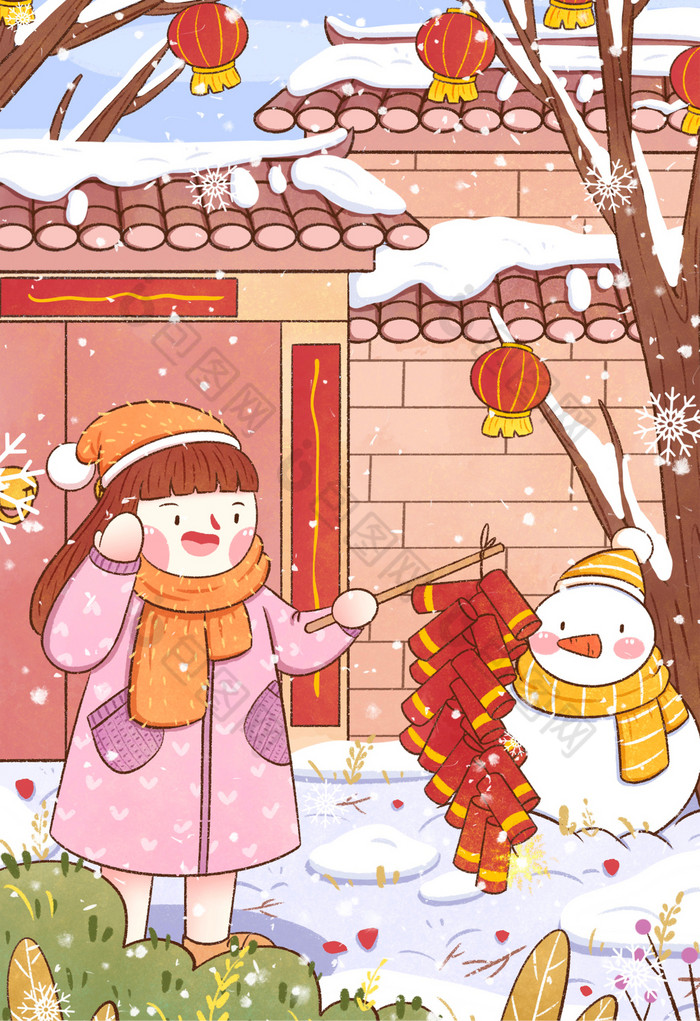 2021新年牛年女孩放鞭炮插画