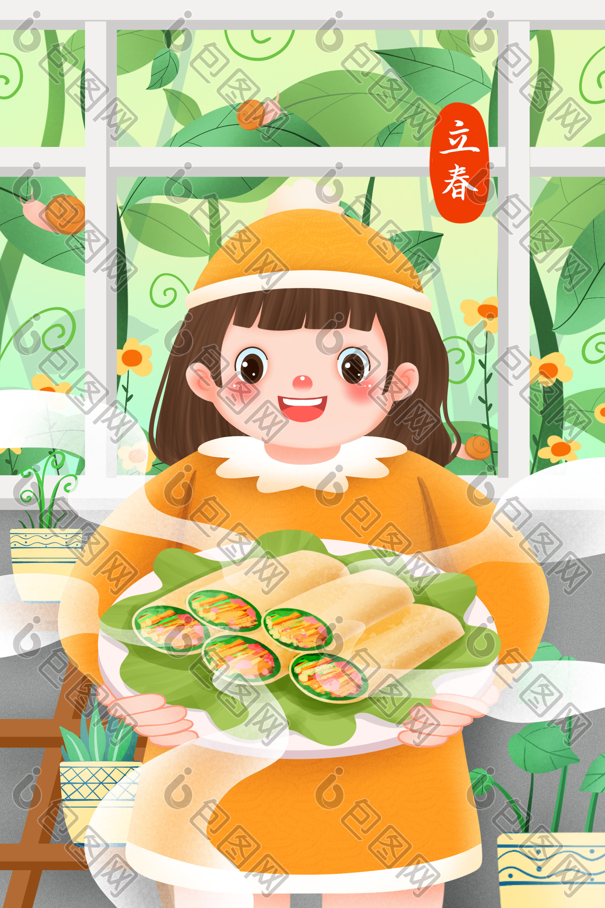 立春节气习俗吃春卷养春插画图片