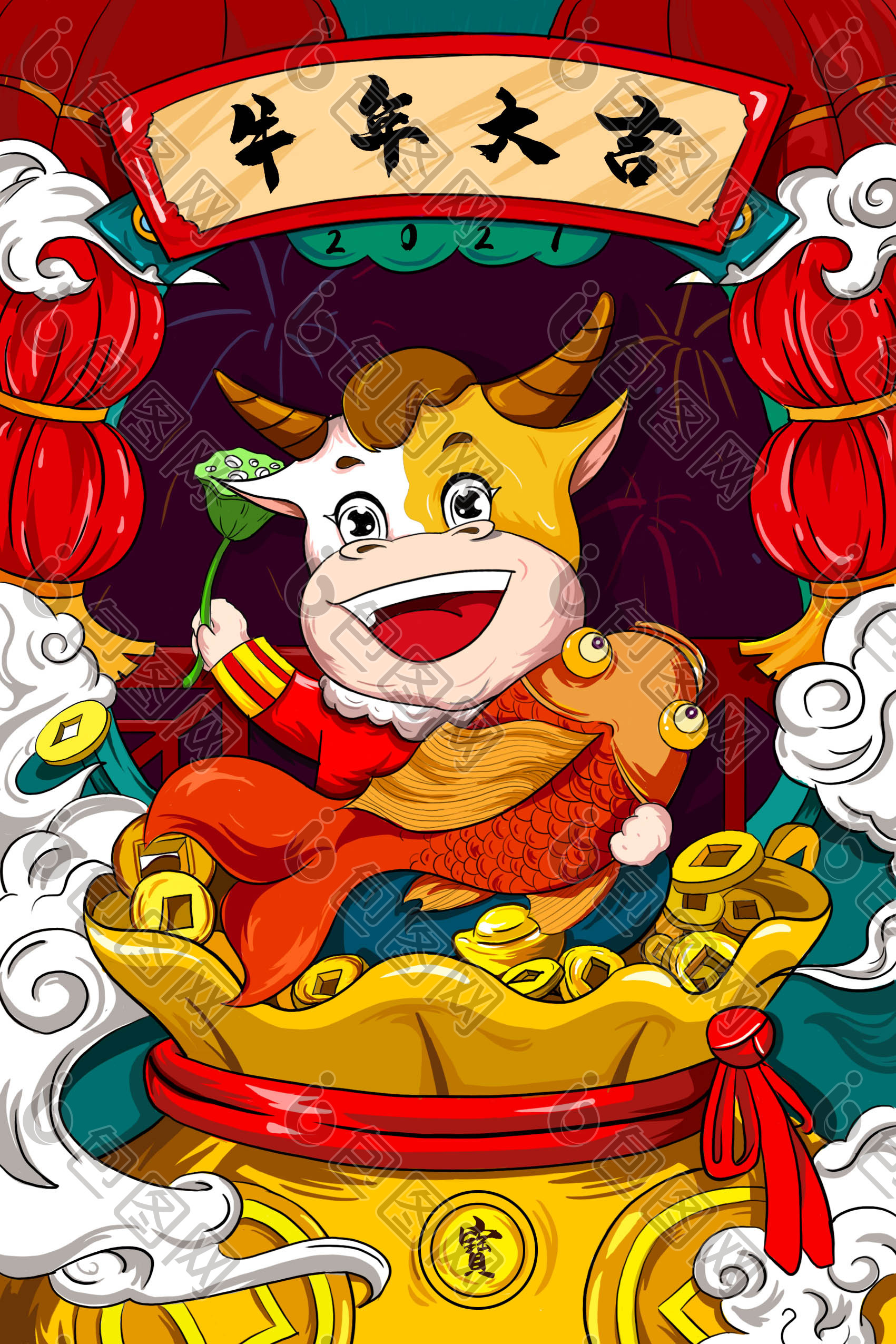 中国风2021春节牛年大吉插画图片