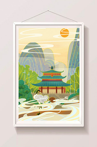 绿色国潮中国风古建筑插画图片