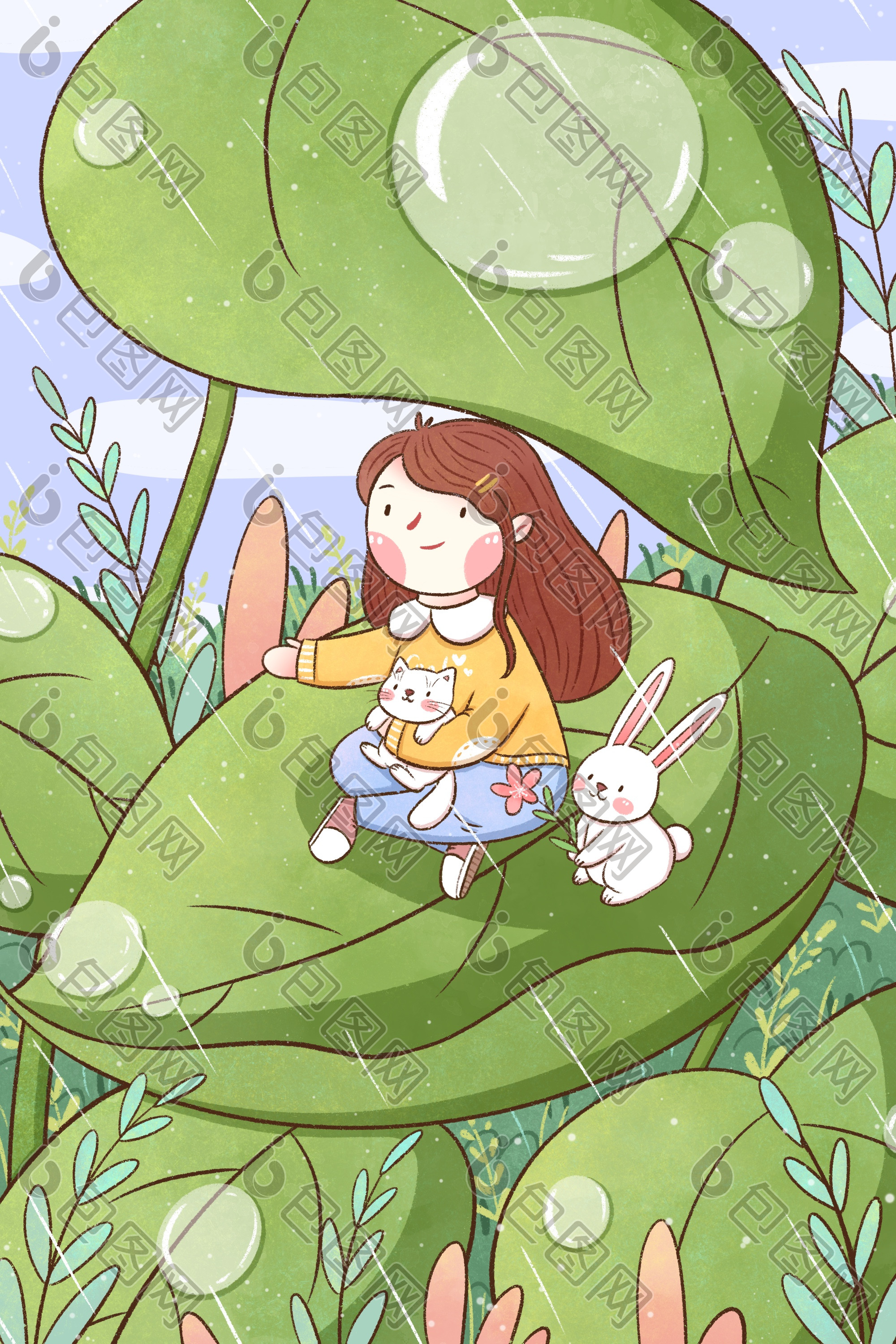 雨水节气女孩与兔子躲雨插画图片
