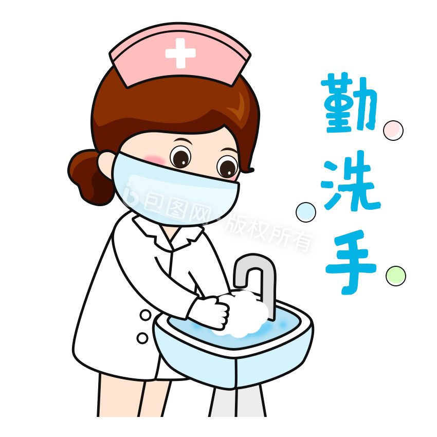 蓝色扁平卡通女护士勤洗手GIF图图片