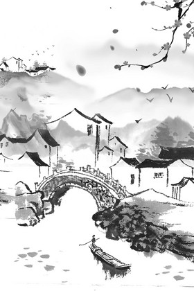 中国风水墨小镇黑白图片