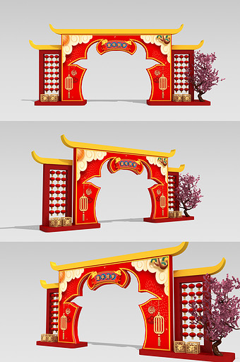 中式春节装饰门楼美陈模型图片