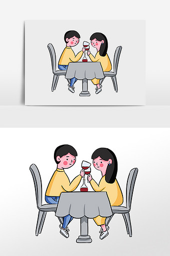 卡通手绘西餐厅约会情侣