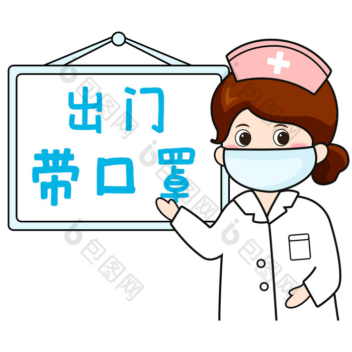 蓝色扁平卡通女护士出门戴口罩GIF图