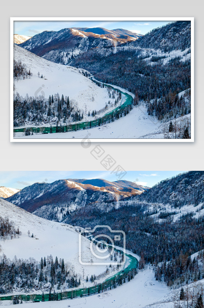 冬天新疆喀纳斯雪山雪谷冰冻的河流