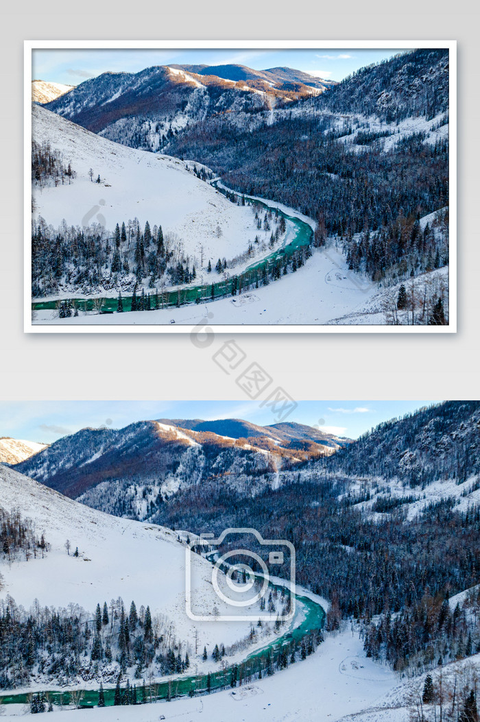 冬天新疆喀纳斯雪山雪谷冰冻的河流图片图片