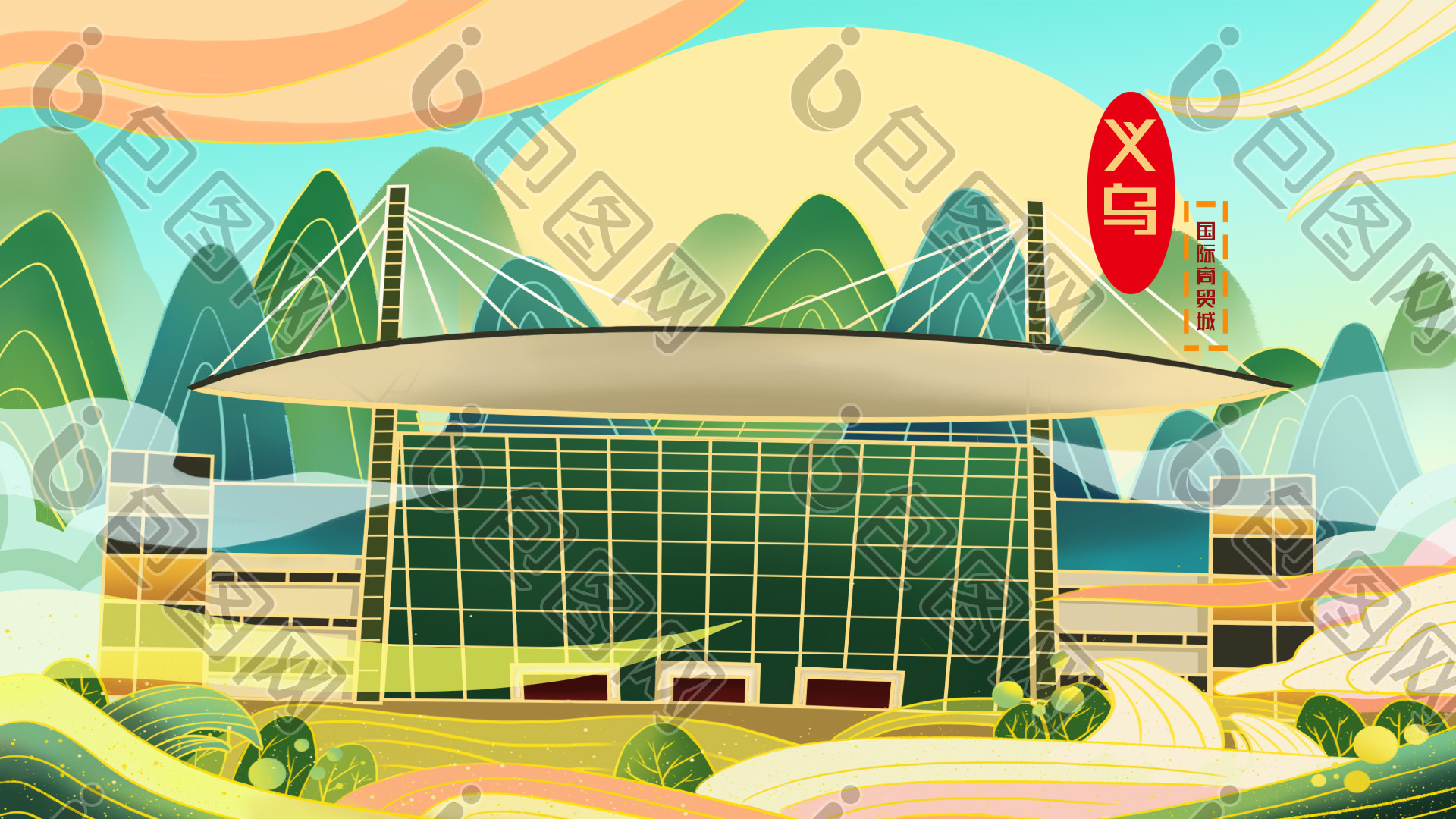 中国风义乌建筑插画图片