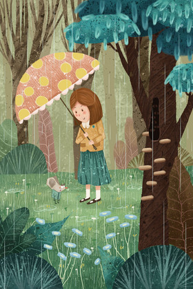 绿色唯美清新女孩雨中撑伞雨水节气插画