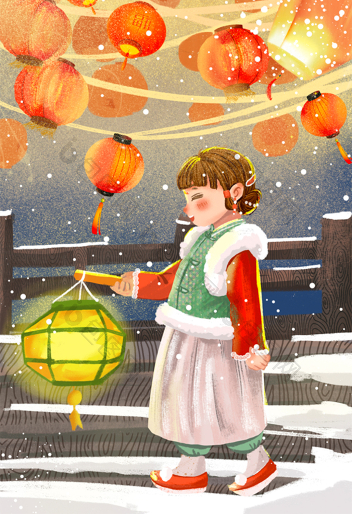 新年元宵节灯笼中国服装女孩夜光插画图片