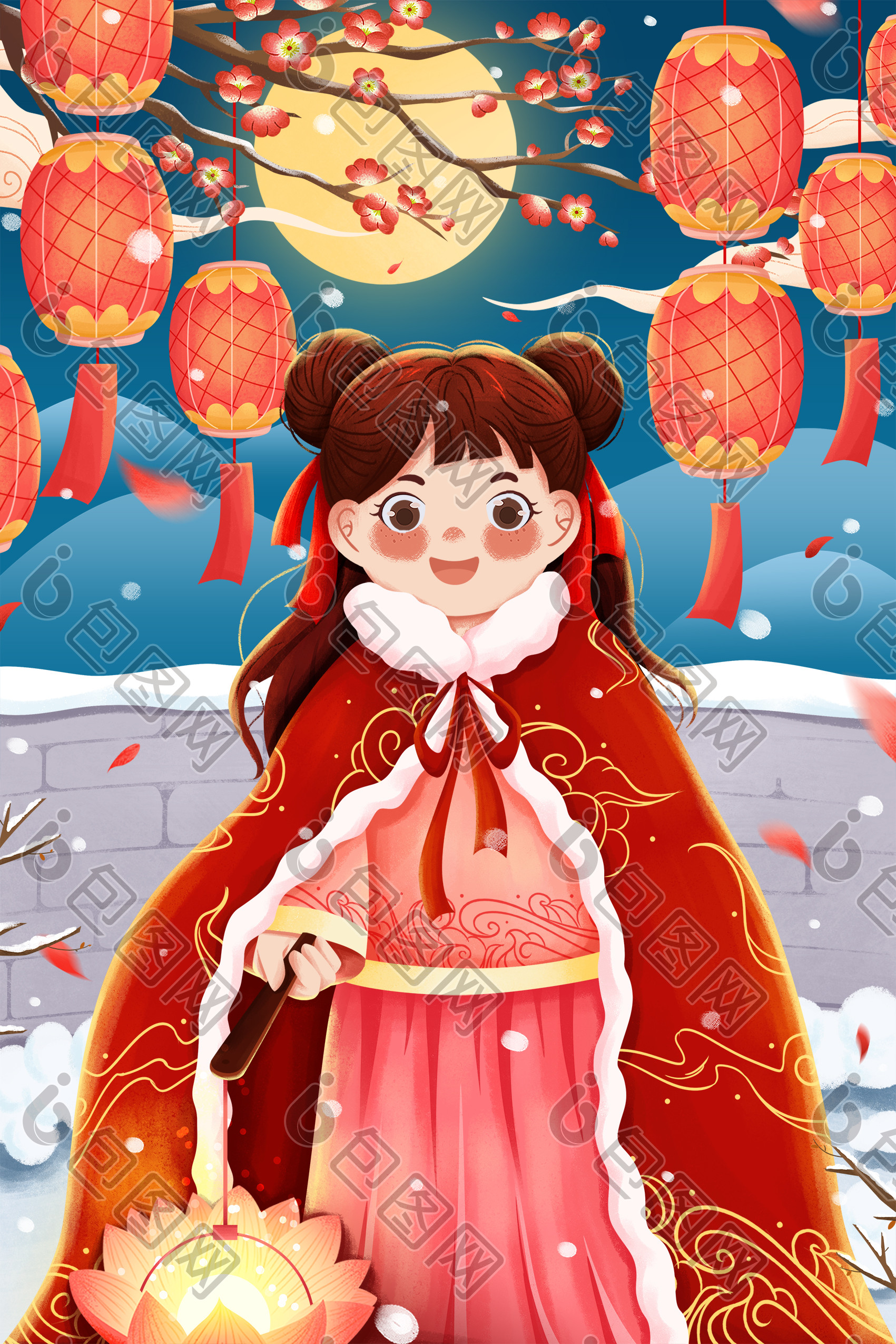 正月十五元宵节赏花灯猜灯谜女孩插画图片