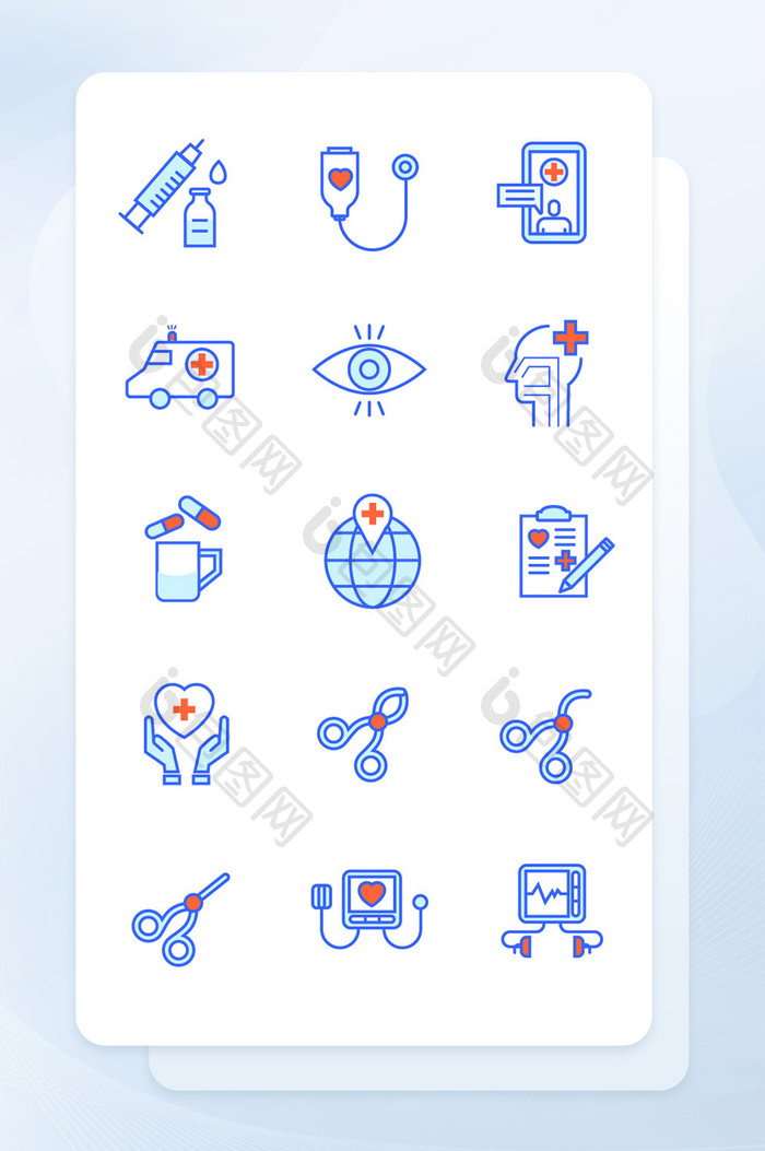 蓝色线描填充医疗用品手机主题图标UI素材