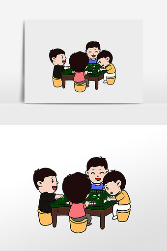 卡通手绘打牌玩麻将男孩