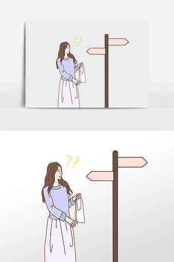 手绘女孩道路迷路寻找