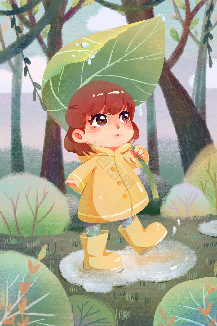 下雨天穿雨衣小女孩在树林散步插画图片