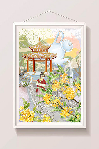 中国风庭院小桥流水桂花酒古代女子古风插画图片