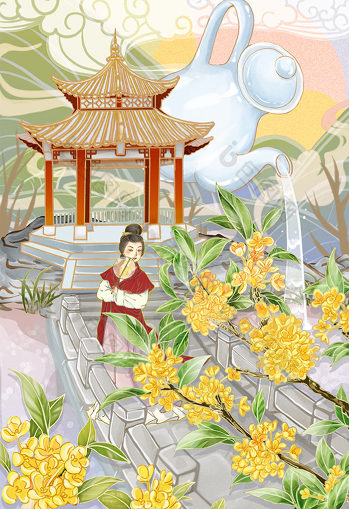 中国风庭院小桥流水桂花酒古代女子古风插画