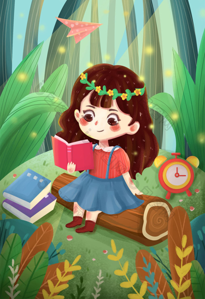 安逸女孩看书开学季插画图片