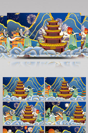 4K中国风烟花山水国潮背景视频AE模板图片