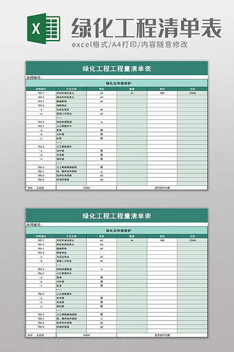 绿化工程工程量清单表excel模板图片