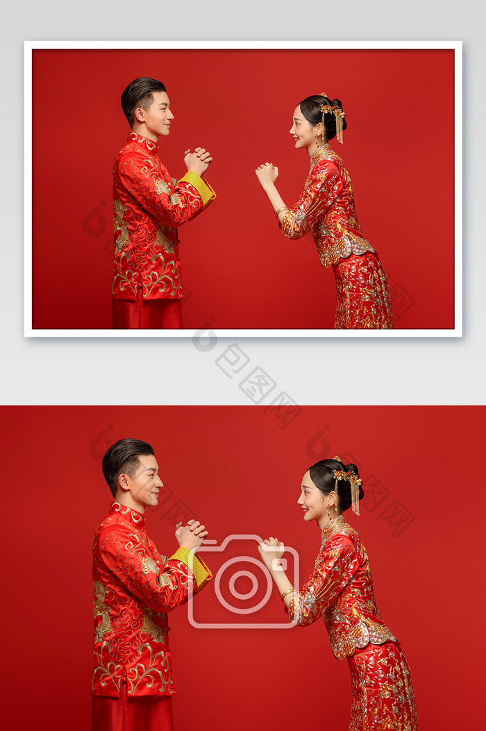穿着中式传统婚服的新人对拜