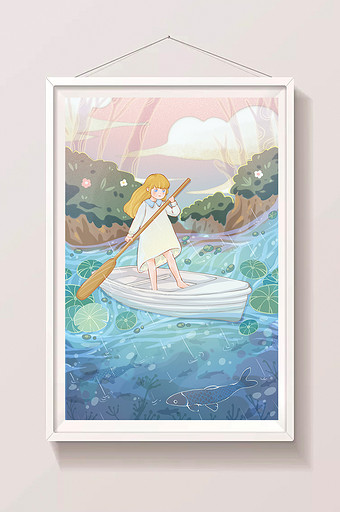 小清新白船少女二十四节气风景湖泊鲤鱼插画图片