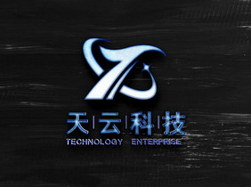 黑色背景板上蓝色炫酷发光字效logo样机