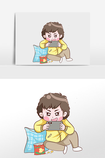 手绘卡通人物打游戏插画