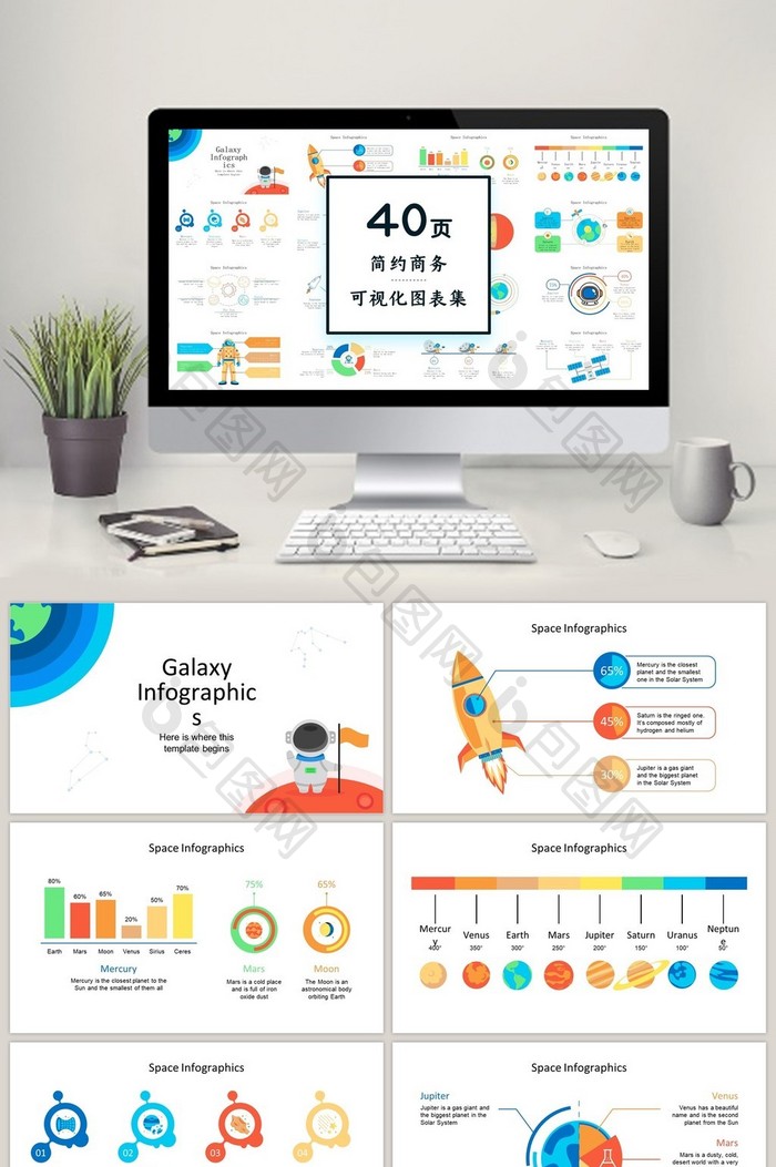 彩色宇航员40页图表合集PPT模板