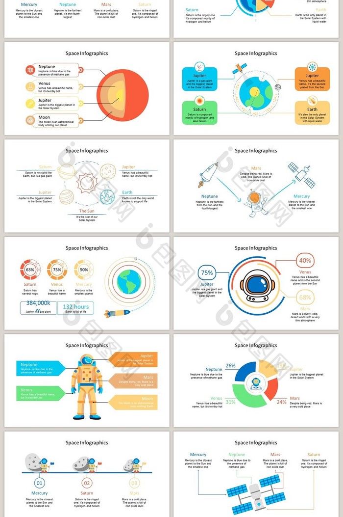 彩色宇航员40页图表合集PPT模板