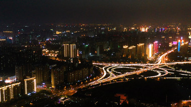 震撼郑州城市高架桥堵车夜景航拍素材