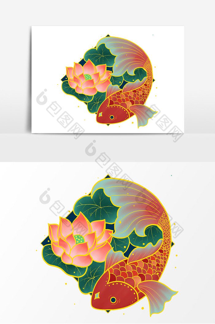 手绘荷花锦鲤设计