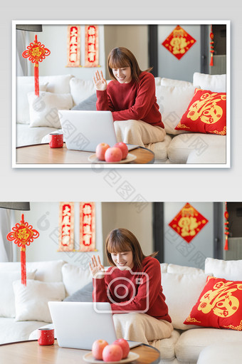 新年春节居家女生对着电脑家人问候图片