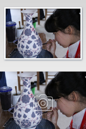 瓷器制作工匠景德镇描绘画画花纹青花女孩
