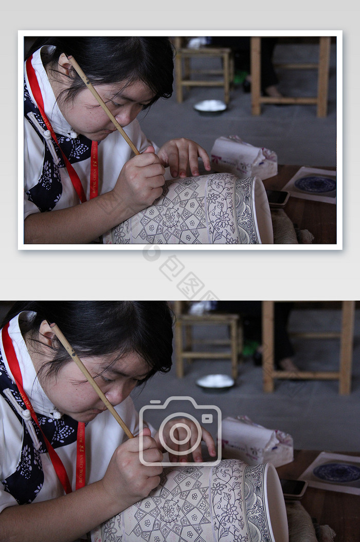 瓷器制作工匠景德镇描绘画画花纹陶瓷毛笔图片图片