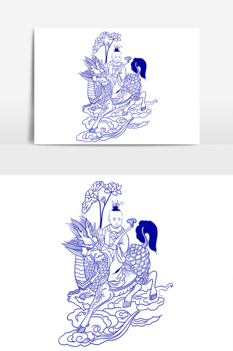 青花瓷花纹神话主题麒麟送子插画