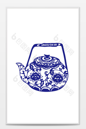中国风古风青花瓷茶壶剪纸装饰图案元素图片