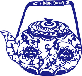中国风古风青花瓷茶壶剪纸装饰图案元素