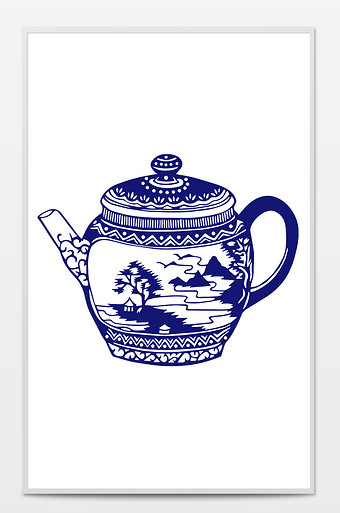 中国风古风青花瓷蓝色茶壶装饰图案元素